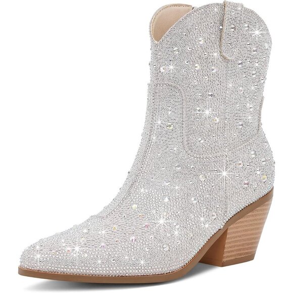 Shoes - Women's Silver Comfortable Rhinestone Chunky Heel Side Zipper Boots